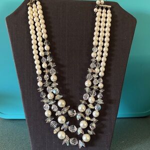 Vintage Three-Strand Faux Pearl and Crystal Necklace